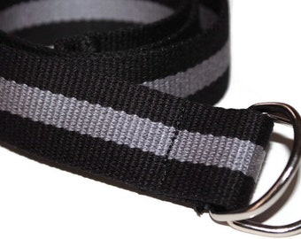 Striped Webbing Belt Black and Grey D Ring 1.25" Wide Grey and Black Belt Stripe Belt Black Striped Belt Mens D Ring Belt Striped Canvas