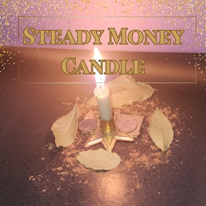 May include: A lit candle with the text "Steady Money Candle" on a star-shaped holder, surrounded by bay leaves and coins. The candle is blue and gold, with a bright flame. The background is a gradient of purple and gold.