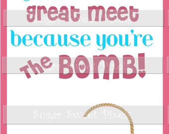 INSTANT DOWNLOAD Gymnastics Meet Good Luck bath  Bomb  Digital Gift Card , " You're the Bomb" Coral pink Blue