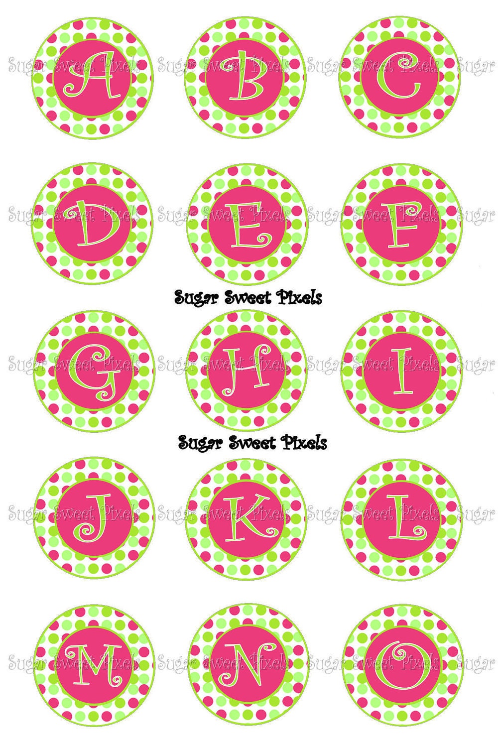 INSTANT DOWNLOAD Hot Pink Lime Green  Polka Dot Alphabet 1inch Circle…