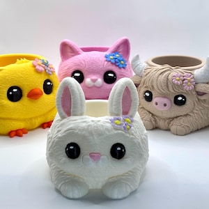 Puede incluir: Una colección de macetas con forma de animales. El conjunto incluye un pollito amarillo, un gato rosa, un conejito blanco y una vaca de las Highlands marrón. Cada maceta tiene grandes ojos negros y está decorada con flores.