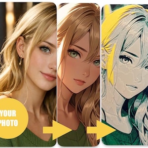 Puede incluir: Una imagen de tres partes que muestra un retrato de mujer transformándose en un estilo anime. El primer panel es una foto realista, el segundo una pintura digital y el tercero una ilustración estilizada. La imagen incluye el texto "YOUR PHOTO" en un círculo amarillo.