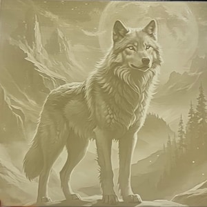 May include: A detailed illustration of a wolf standing in a mountainous landscape under a full moon. The artwork is rendered in shades of beige and tan, with the wolf's fur and the surrounding environment intricately detailed.