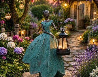 Solar Fairy Garden Statue Light – Resin Figurine with LED Lantern, Leaf Angel Girl Outdoor Garden Decor, Patio Yard Lawn Decoration