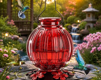 Glass Hummingbird Feeder for Outdoors Hanging, 26oz Red Nectar Bird Feeder, Leak Proof Garden Feeder with Perch, Gift for Bird Lovers