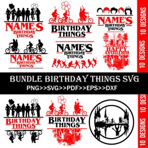 Puede incluir: Una colección de diseños SVG rojos y negros con los textos "NAMES BIRTHDAY THINGS" y "BIRTHDAY THINGS". Los diseños incluyen siluetas de personas, bicicletas y globos. La imagen también incluye el texto "BUNDLE BIRTHAY THINGS SVG".