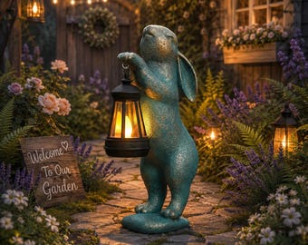 Solar Rabbit Garden Statue with Lantern, Outdoor Bunny Figurine, Resin Patio Yard Lawn Decor, Waterproof Garden Ornament, Housewarming Gift