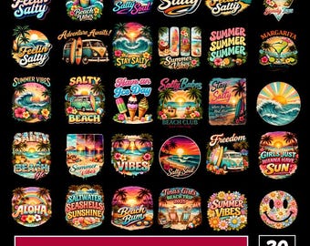 Salty Soul Summer PNG Bundle, Retro Beach Tropical Designs (Digital Download)