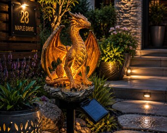 Solar Dragon Garden Light, Gothic Dragon Statue, Outdoor Solar Lamp, Fantasy Yard Decor, Halloween Garden Ornament, Dragon Lover Gift