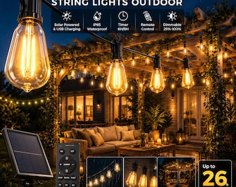 52FT Solar String Lights Outdoor, Waterproof Patio Lights with Remote & Timer, USB Solar Powered Dimmable Garden Lights, 15+1 LED Bulbs