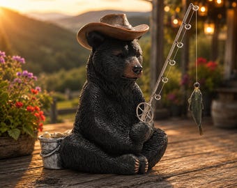 Black Bear Fishing Figurine, Rustic Bear Statue, Cabin Decor, Woodland Animal Sculpture, Fishing Gift for Men, Lodge Shelf Desk Ornament