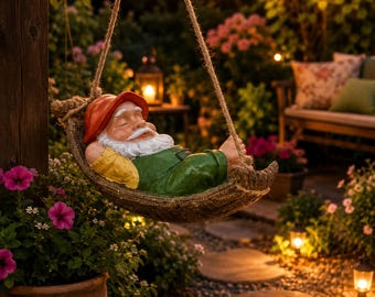 Garden Gnome Hammock Statue, Hanging Resin Gnome Decor for Garden Tree, Outdoor Yard Ornament, Patio Decor, Gift for Mom