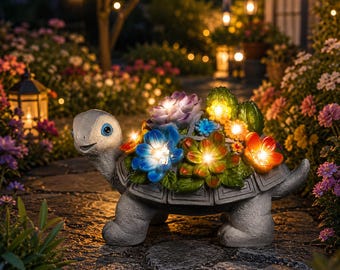Solar Turtle Garden Statue with Succulents & 7 LED Lights, Outdoor Resin Garden Decor for Patio Yard Lawn, Housewarming Gift for Mom