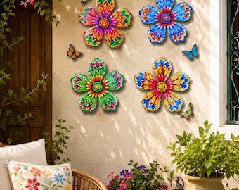 Colorful Metal Flower Wall Decor Set of 4, Outdoor Garden Wall Art for Patio Fence Porch Yard, Rustic Floral Hanging Decor Housewarming Gift