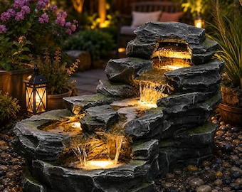 37 Inch Outdoor Water Fountain with LED Lights, 5 Tier Rock Waterfall Fountain, Garden Patio Yard Porch Decor, Resin Floor Fountain