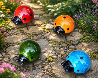 Set of 4 Metal Ladybug Garden Wall Art, Outdoor Decor, Cute Ladybug Wall Sculptures, Patio Fence Yard Backyard Garden Decorations