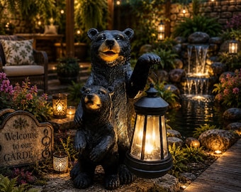 Black Bear Solar Lantern Statue, Bear Garden Decor, Outdoor Solar Light, Resin Bear Figurine, Patio Yard Decoration, Woodland Gift