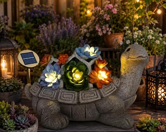 Solar Turtle Garden Statue with Succulents & 7 LED Lights, Outdoor Resin Lawn Decor, Patio Yard Ornament, Housewarming Gift