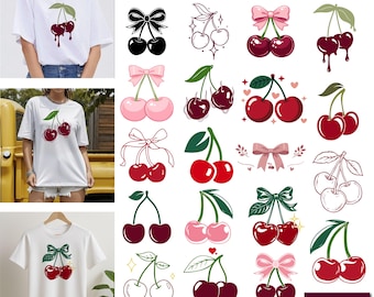 Cherry Svg Bundle with Bows, Coquette Cherry SVG, Girly Fruit SVG PNG, Summer Cherry Png, Cute Bow Cherry Clipart, Pink Cherry Shirt  Design