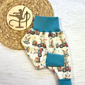 Handmade harem pants, sizes 44-122 - egg delivery, rabbit, tractor, carrots, eggs, stripes, boy, girl, Easter, gender-neutral