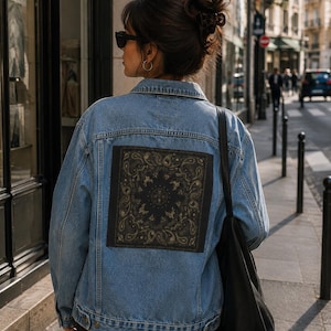 May include: A light blue denim jacket featuring a large, square black patch on the back. The patch displays a detailed, intricate gold and dark grey paisley pattern. The jacket has a classic collar, long sleeves, and visible metal button closures.