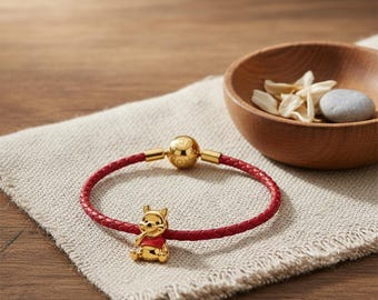 S925 sterling silver Winnie the Pooh Red and Gold Leather Bracelet Set