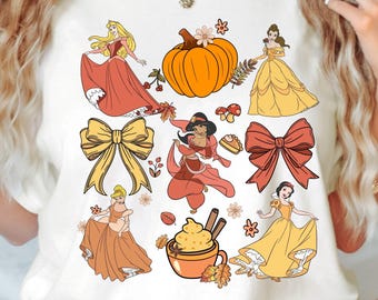 Camiseta con lazo de princesas de otoño, camiseta de otoño del Reino Mágico, Bella, Cenicienta, Jazmín, Blancanieves, La Bella Durmiente, camiseta de princesas de Halloween