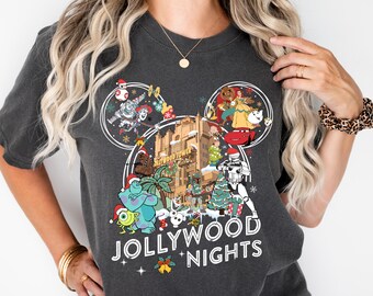 Camiseta navideña de Jollywood Nights, camiseta de fiesta de Hollywood Studios, camisetas para fiestas familiares, camiseta navideña de Monsters Inc., camiseta navideña de Star Wars, camiseta de Ollie