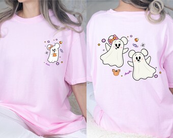 Camiseta de Mickey y Minnie con fantasmas rosas de la temporada espeluznante, para fiesta de Halloween, de doble cara, con fantasmas rosas, para Halloween, de Minnie Mouse.