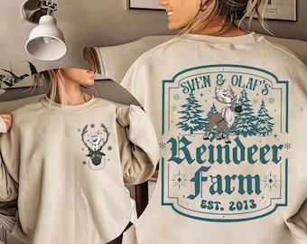 Camiseta de Frozen con Sven y Olaf en la granja de renos, camiseta reversible, camiseta de Epcot, Anna y Elsa, Arendelle, camiseta de vacaciones familiares, árbol de invierno, Navidad