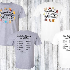 Epcot Drink Snacking Around the World Checklist shirts - CUSTOM Festival Tees | Infant - Adult 6X | Double Sided | Family Vacation Top