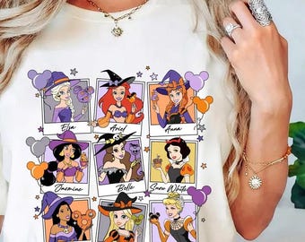 Camiseta Polaroid de princesas para Halloween, camiseta de princesas para Halloween, camiseta de fiesta de Halloween, camiseta de Elsa, Ariel, Anna, Jasmine, Bella, Blancanieves y Rapunzel