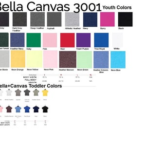 Puede incluir: Una tabla de colores que muestra los diferentes colores disponibles para las camisetas para j&oacute;venes Bella + Canvas 3001. La tabla incluye 20 colores, incluyendo gris jaspeado, azul marino, baya, negro, verde kelly, rosa, rojo, morado equipo, azul real, blanco, piedra jaspeada, naranja ne&oacute;n, amarillo ne&oacute;n, rosa ne&oacute;n, marr&oacute;n jaspeado, verde ne&oacute;n, azul columna jaspeado y azul ne&oacute;n. La tabla tambi&eacute;n incluye una tabla de tallas para las tallas de j&oacute;venes S, M, L y XL.