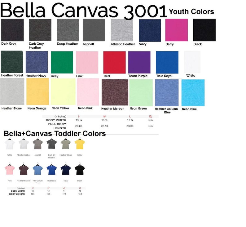 Puede incluir: Una tabla de colores que muestra los diferentes colores disponibles para las camisetas para j&oacute;venes Bella + Canvas 3001. La tabla incluye 20 colores, incluyendo gris jaspeado, azul marino, baya, negro, verde kelly, rosa, rojo, morado equipo, azul real, blanco, piedra jaspeada, naranja ne&oacute;n, amarillo ne&oacute;n, rosa ne&oacute;n, marr&oacute;n jaspeado, verde ne&oacute;n, azul columna jaspeado y azul ne&oacute;n. La tabla tambi&eacute;n incluye una tabla de tallas para las tallas de j&oacute;venes S, M, L y XL.