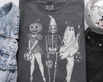 Camiseta de Halloween para chicas espeluznantes, camiseta de Halloween para chicas de "truco o trato", camiseta retro de Halloween, camiseta de Skelton Ghost para chicas, camiseta espeluznante