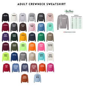 Pode incluir: Uma sele&ccedil;&atilde;o de camisolas de gola redonda para adultos em v&aacute;rias cores, incluindo preto, branco e rosa. A imagem exibe uma tabela de tamanhos com medidas em cm. As camisolas s&atilde;o rotuladas com nomes de cores.