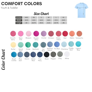 Pode incluir: Uma tabela de cores para camisetas Comfort Colors para jovens e crian&ccedil;as pequenas. A tabela de tamanhos est&aacute; em polegadas, com medidas de largura e comprimento. V&aacute;rias cores s&atilde;o exibidas, incluindo Crunchberry, Neon Pink e Lagoon Blue.