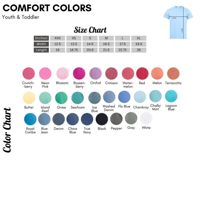 Pode incluir: Uma tabela de cores para camisetas Comfort Colors para jovens e crian&ccedil;as pequenas. A tabela de tamanhos est&aacute; em polegadas, com medidas de largura e comprimento. V&aacute;rias cores s&atilde;o exibidas, incluindo Crunchberry, Neon Pink e Lagoon Blue.