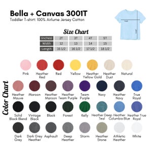 May include: Color chart for Bella + Canvas 3001T toddler t-shirts, showing 22 different color options. The chart includes size information in inches for sizes 2T, 3T, 4T, and 5T. The chart shows width and length measurements.