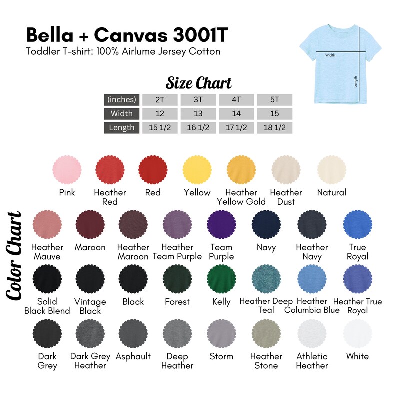 May include: Color chart for Bella + Canvas 3001T toddler t-shirts, showing 22 different color options. The chart includes size information in inches for sizes 2T, 3T, 4T, and 5T. The chart shows width and length measurements.