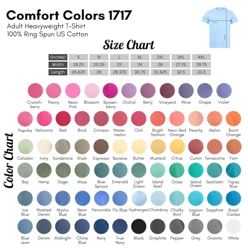 Pode incluir: Um gr&aacute;fico de cores de camiseta para adultos Comfort Colors 1717. O gr&aacute;fico exibe uma ampla gama de cores, incluindo Crunchberry, Peony e Neon Pink. A tabela de tamanhos mostra medidas em polegadas para larguras e comprimentos, de S a 4XL.