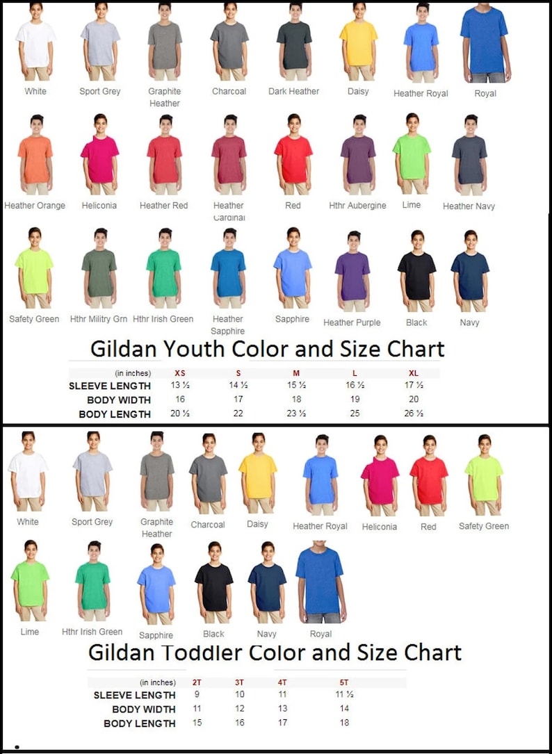 Pode incluir: Um gr&aacute;fico de cores para camisetas Gildan para jovens e crian&ccedil;as pequenas. O gr&aacute;fico exibe v&aacute;rias cores, incluindo branco, preto e vermelho, com informa&ccedil;&otilde;es de tamanho correspondentes em polegadas. O texto "Gildan Youth Color and Size Chart" e "Gildan Toddler Color and Size Chart" s&atilde;o vis&iacute;veis.