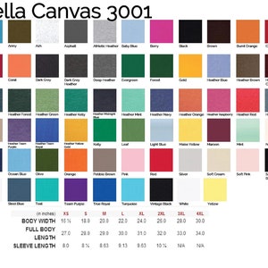 Pode incluir: Um gr&aacute;fico de cores para camisetas Bella Canvas 3001, apresentando uma ampla variedade de cores, de Aqua a Yellow. O gr&aacute;fico inclui medidas de largura do corpo, comprimento total e comprimento da manga em polegadas, de XS a 4XL.