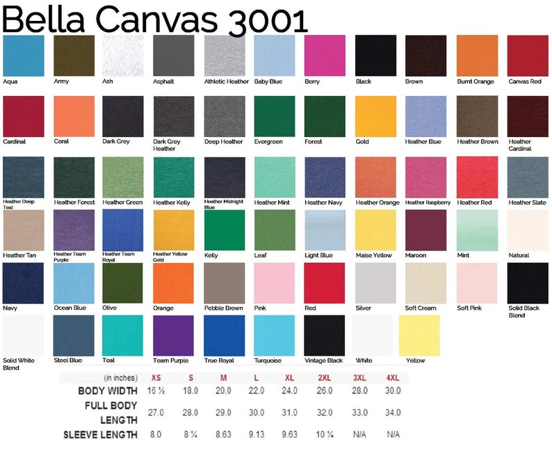 Pode incluir: Um gr&aacute;fico de cores para camisetas Bella Canvas 3001, apresentando uma ampla variedade de cores, de Aqua a Yellow. O gr&aacute;fico inclui medidas de largura do corpo, comprimento total e comprimento da manga em polegadas, de XS a 4XL.