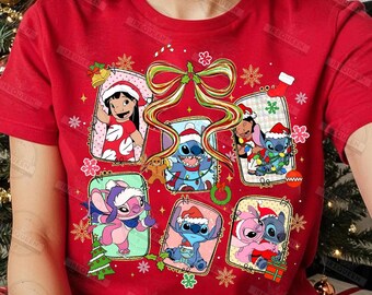 Camiseta navideña de Lilo y Stitch, camiseta coqueta de Angel y Stitch, camiseta navideña de Magic Kingdom, camiseta de fiesta navideña, camiseta navideña de Stitch