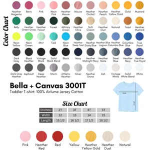 Pode incluir: Imagem que mostra uma tabela de tamanhos e cores para camisetas Bella + Canvas 3001Y para jovens e 3001T para crian&ccedil;as pequenas. A tabela de tamanhos inclui medidas em polegadas, at&eacute; 46.99 cm de comprimento. Cores: vermelho, azul, verde e mais.