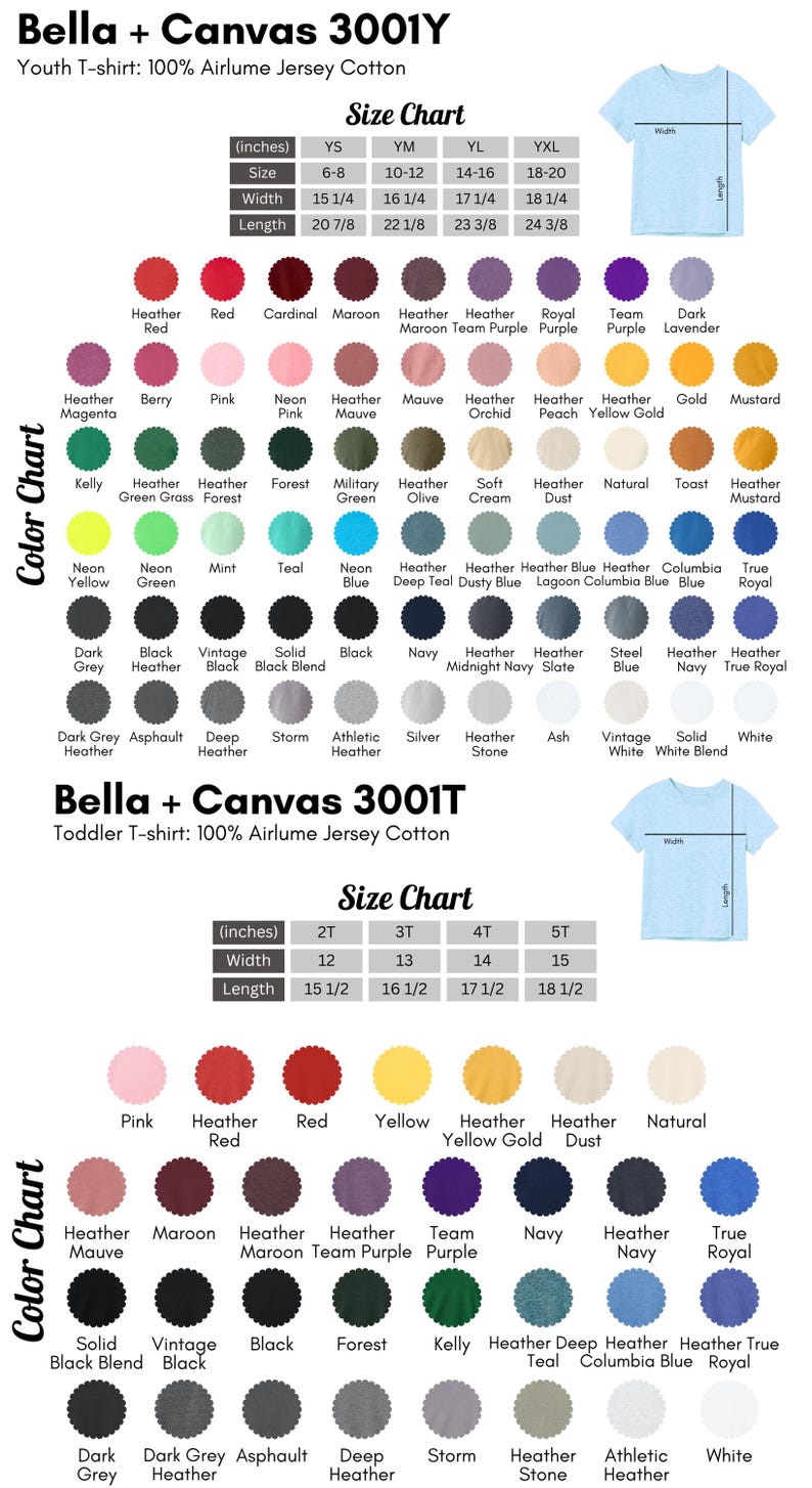Pode incluir: Imagem que mostra uma tabela de tamanhos e cores para camisetas Bella + Canvas 3001Y para jovens e 3001T para crian&ccedil;as pequenas. A tabela de tamanhos inclui medidas em polegadas, at&eacute; 46.99 cm de comprimento. Cores: vermelho, azul, verde e mais.