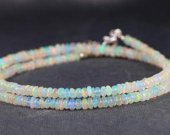 AAA Ethiopian Opal Beaded Necklace, Sterling Silver, Fire Opal Jewelry