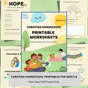 May include: A collection of Christian homeschool printable worksheets for ages 5-8. The worksheets include tracing, coloring, and reading activities with themes of hope, kindness, and forgiveness. The image features illustrations of a family and a picnic scene.