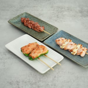 Japanese Mino Ware Skewer Plate, Showa Seito Negoro Ceramic Sushi Tray, 7" Rectangular Yakitori Dish, Black Blue Green White, Made in Japan